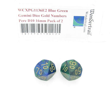 WCXPG1136E2 Blue Green Gemini Dice Gold Numbers Perc D10 16mm Pack of 2 (ONLINE ORDER ONLY)