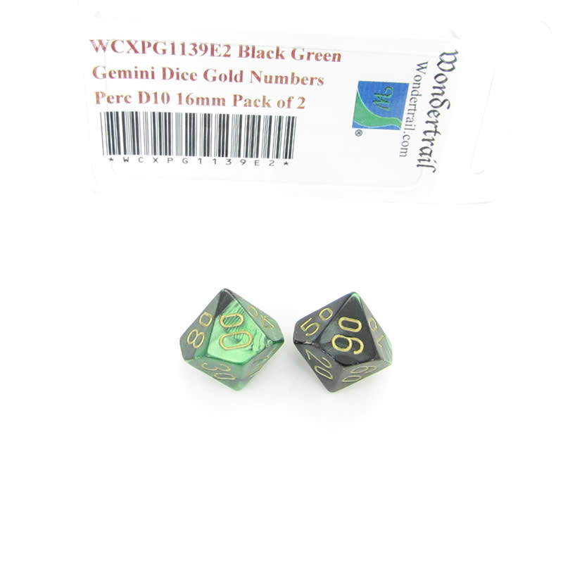 WCXPG1139E2 Black Green Gemini Dice Gold Numbers Perc D10 16mm Pack of 2 (ONLINE ORDER ONLY)