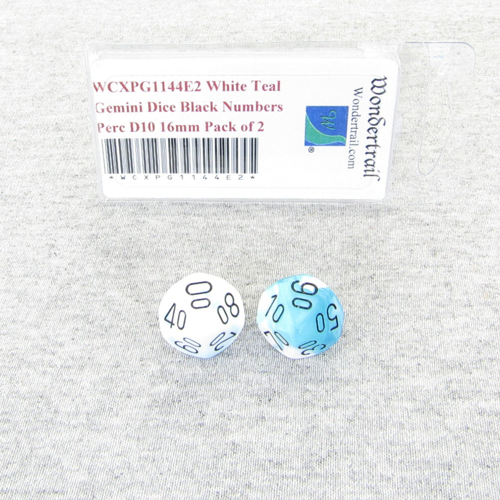 WCXPG1144E2 White Teal Gemini Dice Black Numbers Perc D10 16mm Pack of 2 (ONLINE ORDER ONLY)