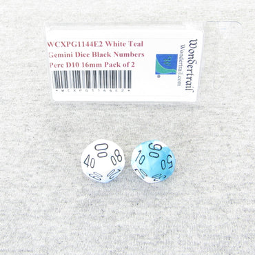 WCXPG1144E2 White Teal Gemini Dice Black Numbers Perc D10 16mm Pack of 2 (ONLINE ORDER ONLY)