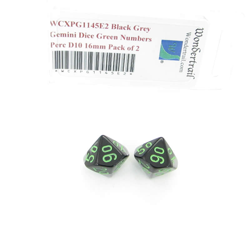 WCXPG1145E2 Black Grey Gemini Dice Green Numbers Perc D10 16mm Pack of 2 (ONLINE ORDER ONLY)