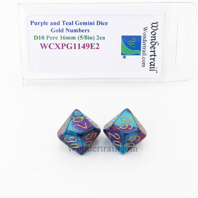 WCXPG1149E2 Purple Teal Gemini Dice Gold Numbers Perc D10 16mm Pack of 2 (ONLINE ORDER ONLY)