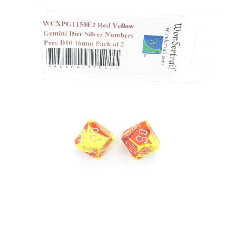 WCXPG1150E2 Red Yellow Gemini Dice Silver Numbers Perc D10 16mm Pack of 2 (ONLINE ORDER ONLY)