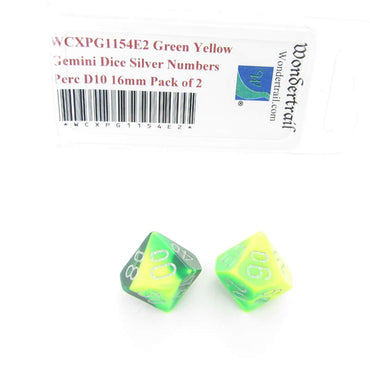 WCXPG1154E2 Green Yellow Gemini Dice Silver Numbers Perc D10 16mm Pack of 2 (ONLINE ORDER ONLY)