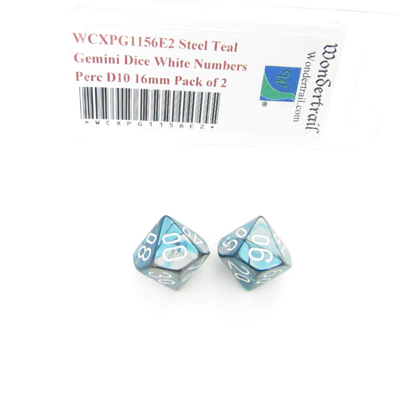 WCXPG1156E2 Steel Teal Gemini Dice White Numbers Perc D10 16mm Pack of 2 (ONLINE ORDER ONLY)