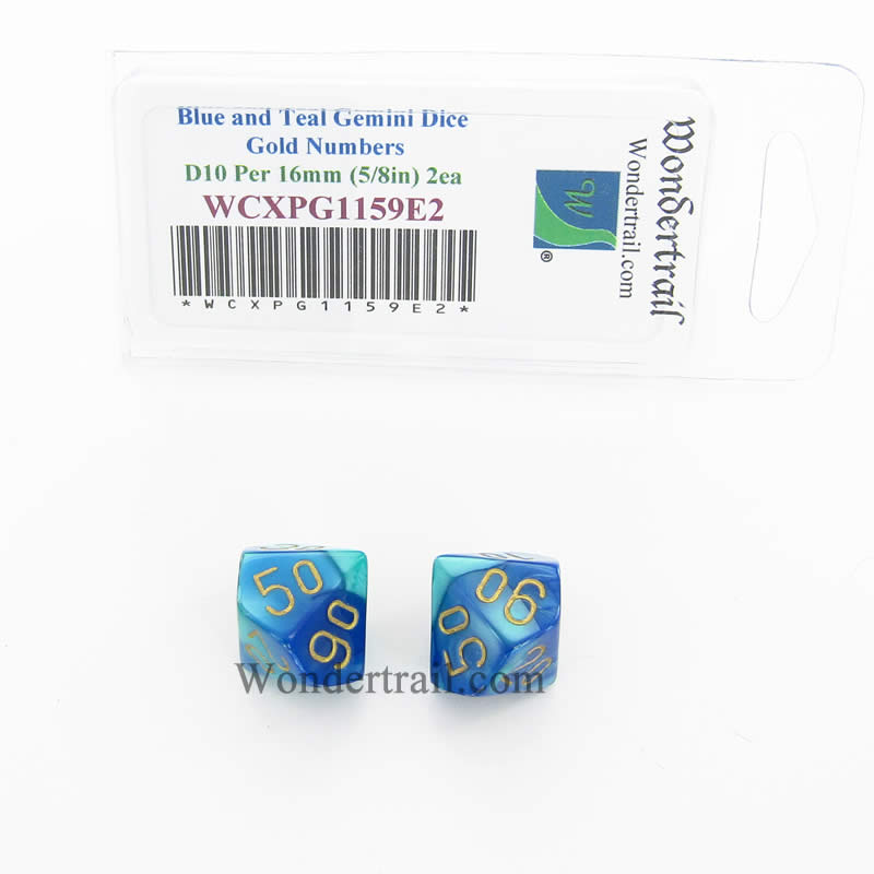 WCXPG1159E2 Blue Teal Gemini Dice Gold Numbers Perc D10 16mm Pack of 2 (ONLINE ORDER ONLY)