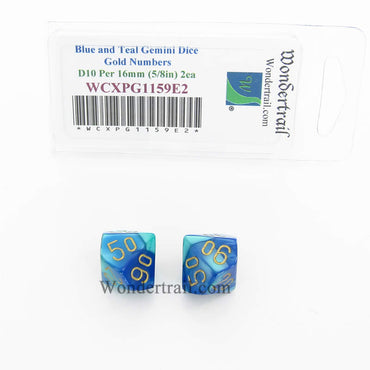 WCXPG1159E2 Blue Teal Gemini Dice Gold Numbers Perc D10 16mm Pack of 2 (ONLINE ORDER ONLY)