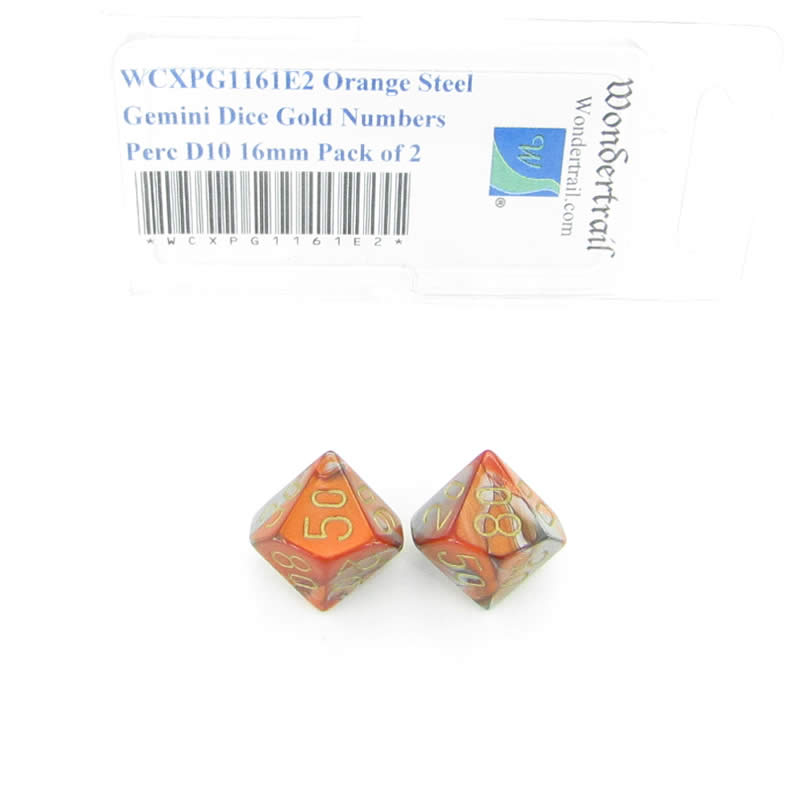 WCXPG1161E2 Orange Steel Gemini Dice Gold Numbers Perc D10 16mm Pack of 2 (ONLINE ORDER ONLY)
