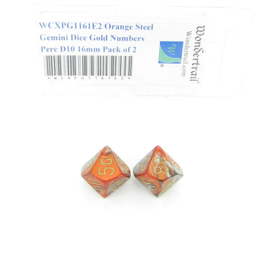 WCXPG1161E2 Orange Steel Gemini Dice Gold Numbers Perc D10 16mm Pack of 2 (ONLINE ORDER ONLY)