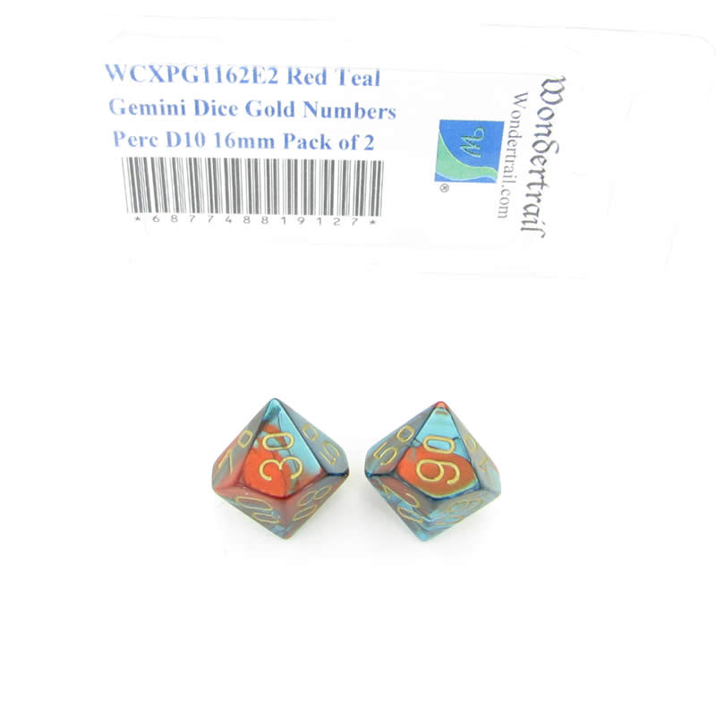 WCXPG1162E2 Red Teal Gemini Dice Gold Numbers Perc D10 16mm Pack of 2 (ONLINE ORDER ONLY)