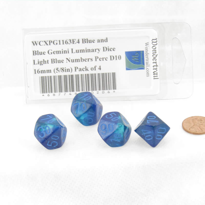 WCXPG1163E4 Blue and Blue Gemini Luminary Dice Light Blue Numbers Perc D10 16mm (5/8in) Pack of 4 (ONLINE ORDER ONLY)