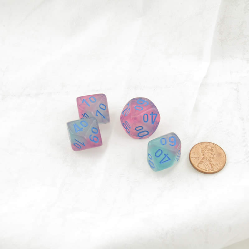 WCXPG1164E4 Green and Pink Gemini Luminary Dice with Blue Numbers Perc D10 Aprox 16mm (5/8in) Pack of 4 (ONLINE ORDER ONLY)