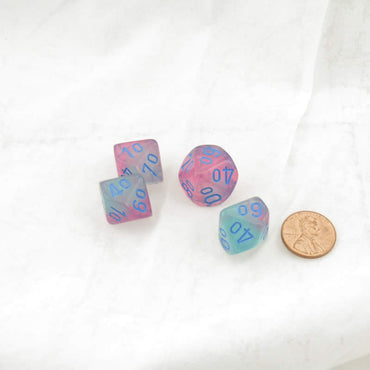 WCXPG1164E4 Green and Pink Gemini Luminary Dice with Blue Numbers Perc D10 Aprox 16mm (5/8in) Pack of 4 (ONLINE ORDER ONLY)