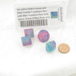WCXPG1164E4 Green and Pink Gemini Luminary Dice with Blue Numbers Perc D10 Aprox 16mm (5/8in) Pack of 4 (ONLINE ORDER ONLY)