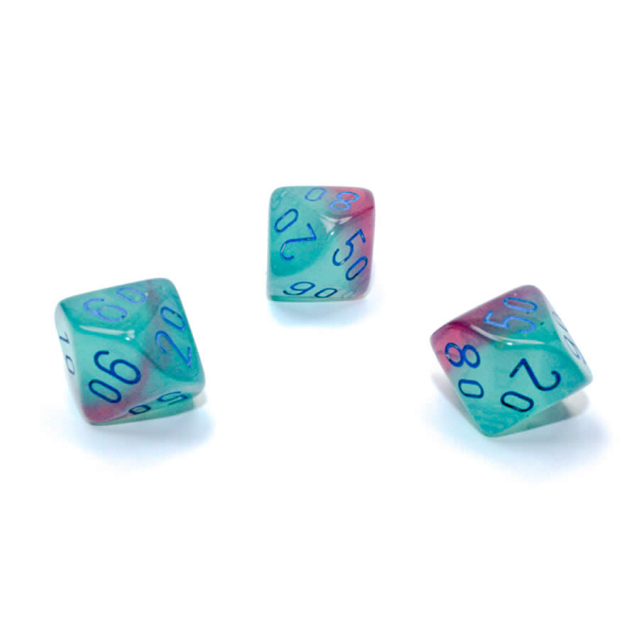 WCXPG1164E4 Green and Pink Gemini Luminary Dice with Blue Numbers Perc D10 Aprox 16mm (5/8in) Pack of 4 (ONLINE ORDER ONLY)