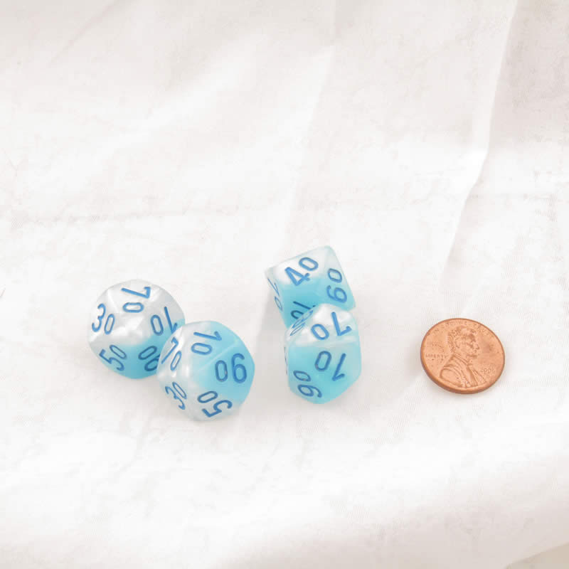 WCXPG1165E4 Turquoise and White Gemini Luminary Dice with Blue Numbers Perc D10 Aprox 16mm (5/8in) Pack of 4 (ONLINE ORDER ONLY)