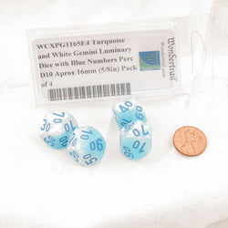 WCXPG1165E4 Turquoise and White Gemini Luminary Dice with Blue Numbers Perc D10 Aprox 16mm (5/8in) Pack of 4 (ONLINE ORDER ONLY)