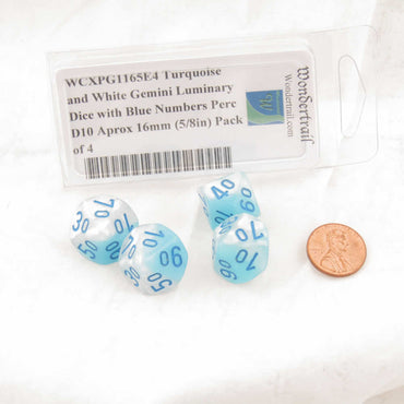 WCXPG1165E4 Turquoise and White Gemini Luminary Dice with Blue Numbers Perc D10 Aprox 16mm (5/8in) Pack of 4 (ONLINE ORDER ONLY)