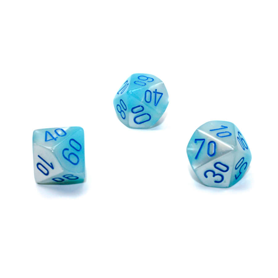 WCXPG1165E4 Turquoise and White Gemini Luminary Dice with Blue Numbers Perc D10 Aprox 16mm (5/8in) Pack of 4 (ONLINE ORDER ONLY)
