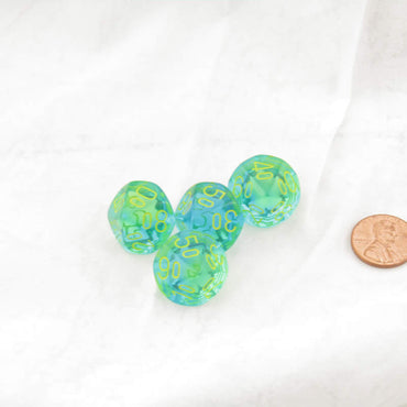 WCXPG1166E4 Green and Teal Translucent Gemini Dice with Yellow Numbers Perc D10 Aprox 16mm (5/8in) Pack of 4 (ONLINE ORDER ONLY)