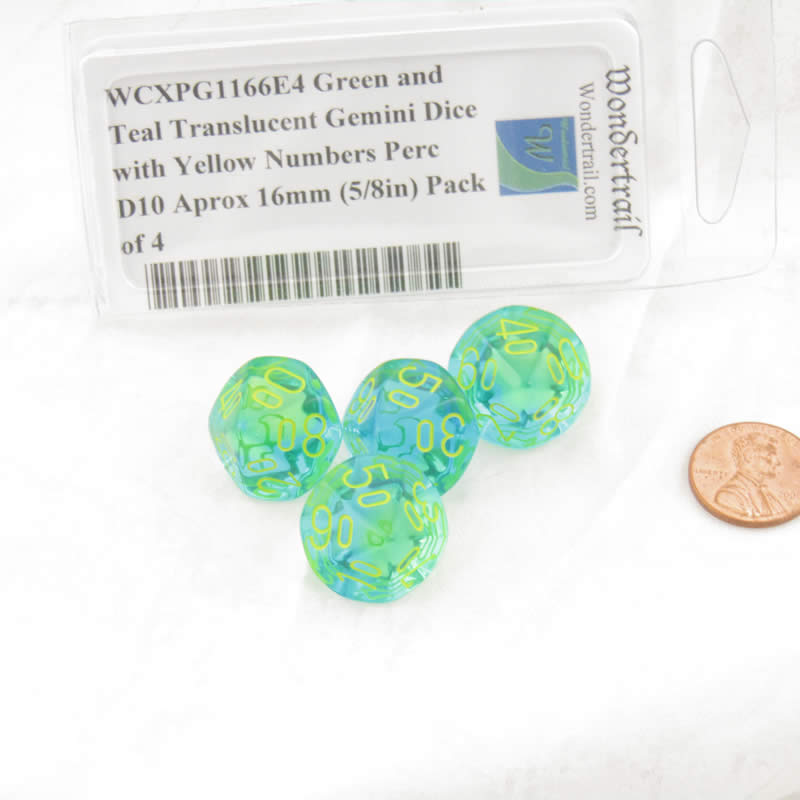 WCXPG1166E4 Green and Teal Translucent Gemini Dice with Yellow Numbers Perc D10 Aprox 16mm (5/8in) Pack of 4 (ONLINE ORDER ONLY)
