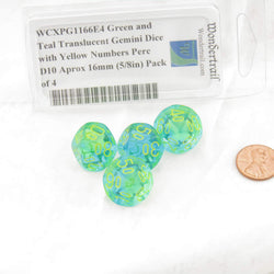 WCXPG1166E4 Green and Teal Translucent Gemini Dice with Yellow Numbers Perc D10 Aprox 16mm (5/8in) Pack of 4 (ONLINE ORDER ONLY)