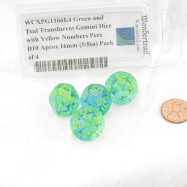 WCXPG1166E4 Green and Teal Translucent Gemini Dice with Yellow Numbers Perc D10 Aprox 16mm (5/8in) Pack of 4 (ONLINE ORDER ONLY)