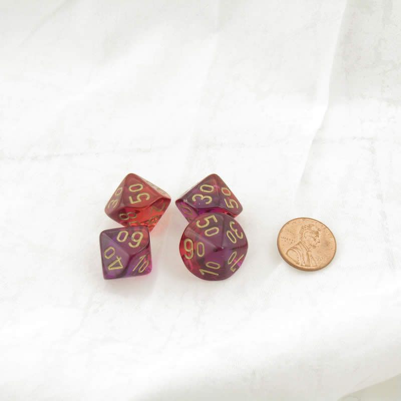 WCXPG1167E4 Red and Violet Translucent Gemini Dice with Gold Numbers Perc D10 Aprox 16mm (5/8in) Pack of 4 (ONLINE ORDER ONLY)