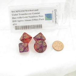 WCXPG1167E4 Red and Violet Translucent Gemini Dice with Gold Numbers Perc D10 Aprox 16mm (5/8in) Pack of 4 (ONLINE ORDER ONLY)