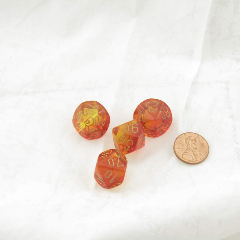 WCXPG1168E4 Red and Yellow Translucent Gemini Dice with Gold Numbers Perc D10 Aprox 16mm (5/8in) Pack of 4 (ONLINE ORDER ONLY)
