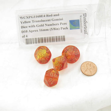 WCXPG1168E4 Red and Yellow Translucent Gemini Dice with Gold Numbers Perc D10 Aprox 16mm (5/8in) Pack of 4 (ONLINE ORDER ONLY)