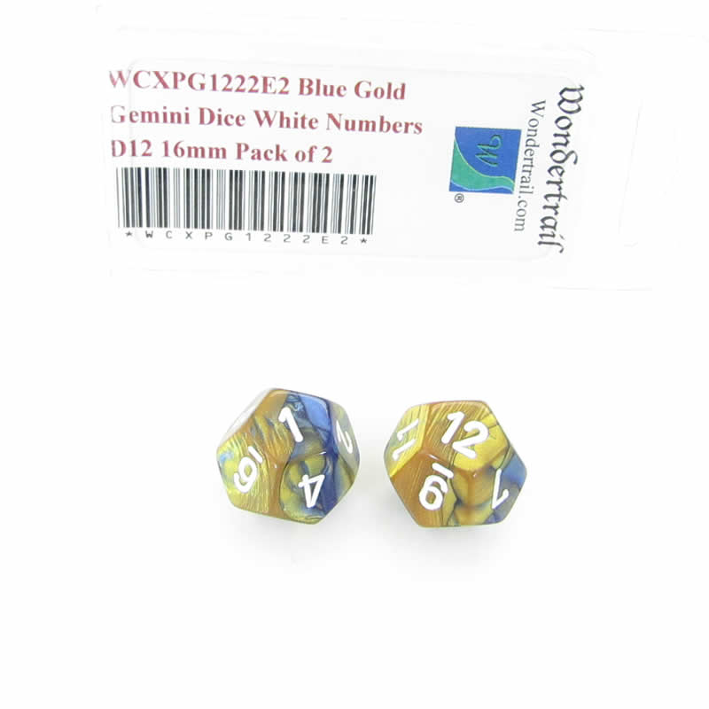 WCXPG1222E2 Blue Gold Gemini Dice White Numbers D12 16mm Pack of 2 (ONLINE ORDER ONLY)