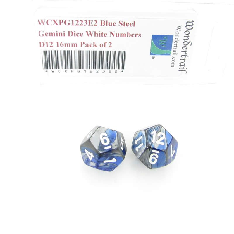 WCXPG1223E2 Blue Steel Gemini Dice White Numbers D12 16mm Pack of 2 (ONLINE ORDER ONLY)
