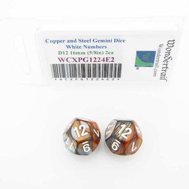 WCXPG1224E2 Copper Steel Gemini Dice White Numbers D12 16mm Pack of 2 (ONLINE ORDER ONLY)