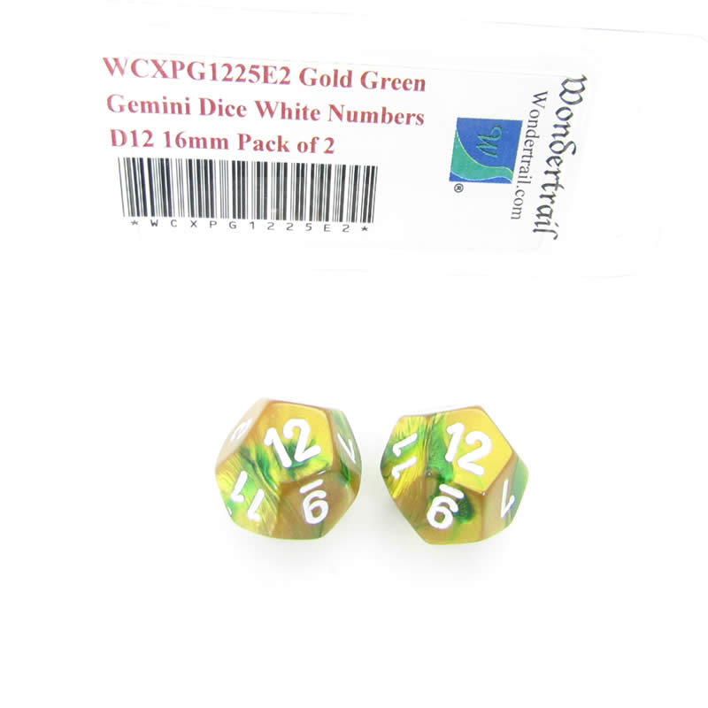 WCXPG1225E2 Gold Green Gemini Dice White Numbers D12 16mm Pack of 2 (ONLINE ORDER ONLY)