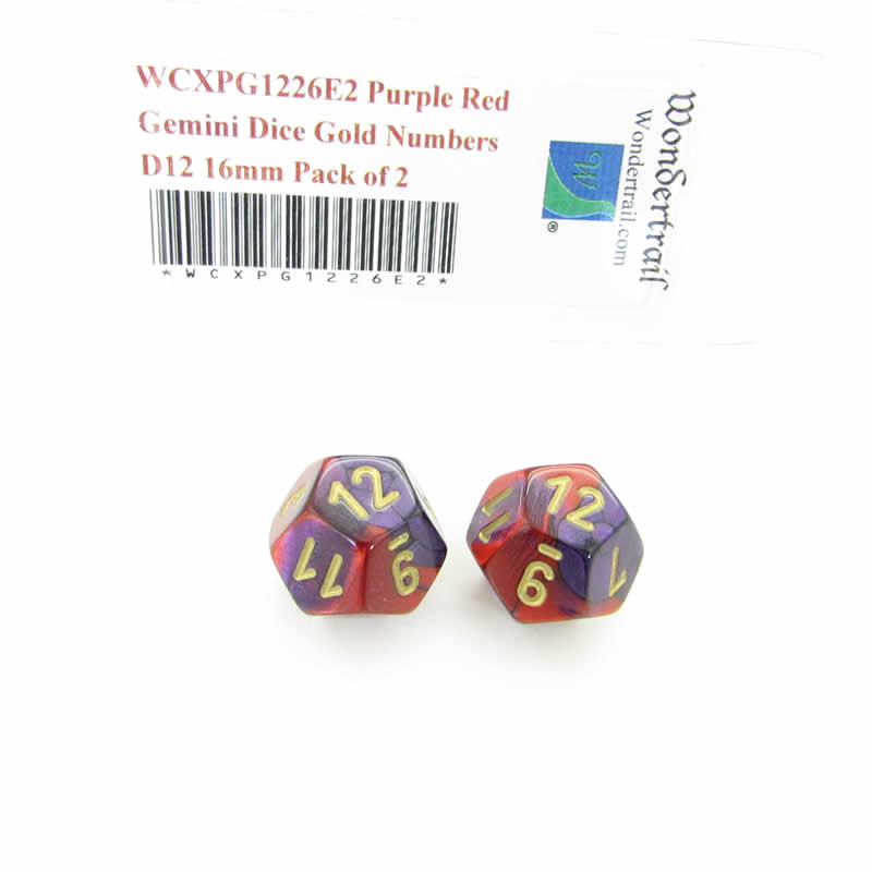 WCXPG1226E2 Purple Red Gemini Dice Gold Numbers D12 16mm Pack of 2 (ONLINE ORDER ONLY)
