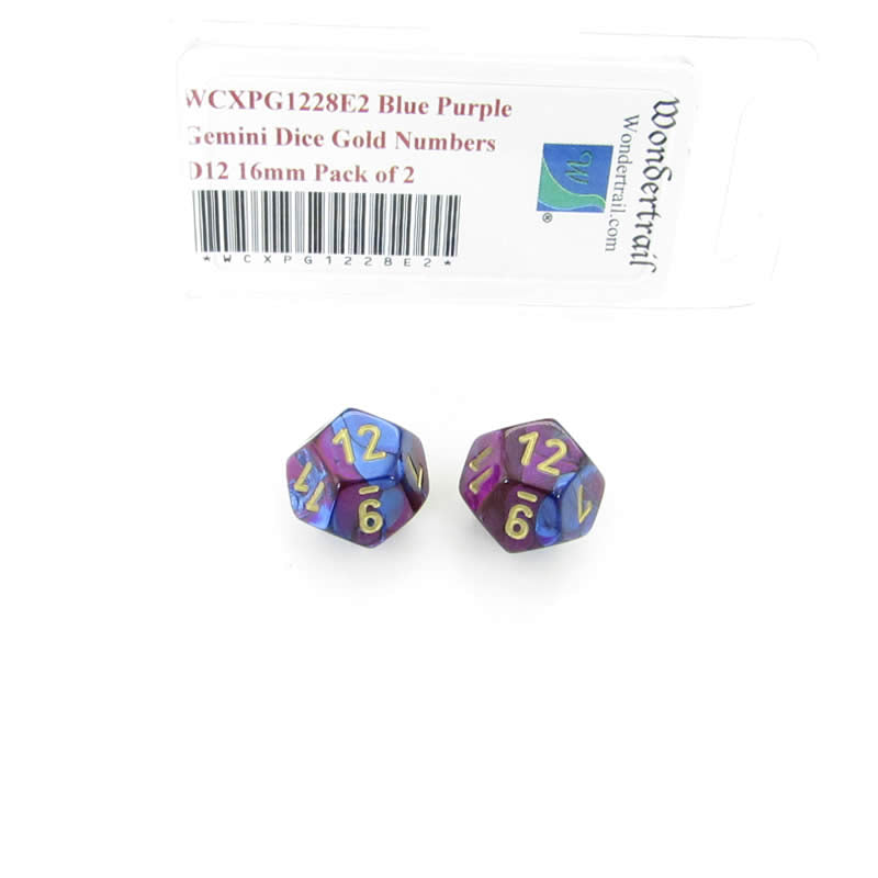 WCXPG1228E2 Blue Purple Gemini Dice Gold Numbers D12 16mm Pack of 2 (ONLINE ORDER ONLY)