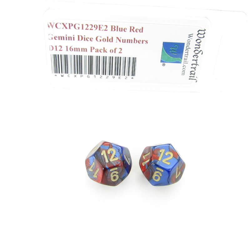 WCXPG1229E2 Blue Red Gemini Dice Gold Numbers D12 16mm Pack of 2 (ONLINE ORDER ONLY)
