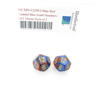 WCXPG1229E2 Blue Red Gemini Dice Gold Numbers D12 16mm Pack of 2 (ONLINE ORDER ONLY)