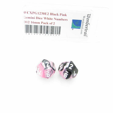 WCXPG1230E2 Black Pink Gemini Dice White Numbers D12 16mm Pack of 2 (ONLINE ORDER ONLY)