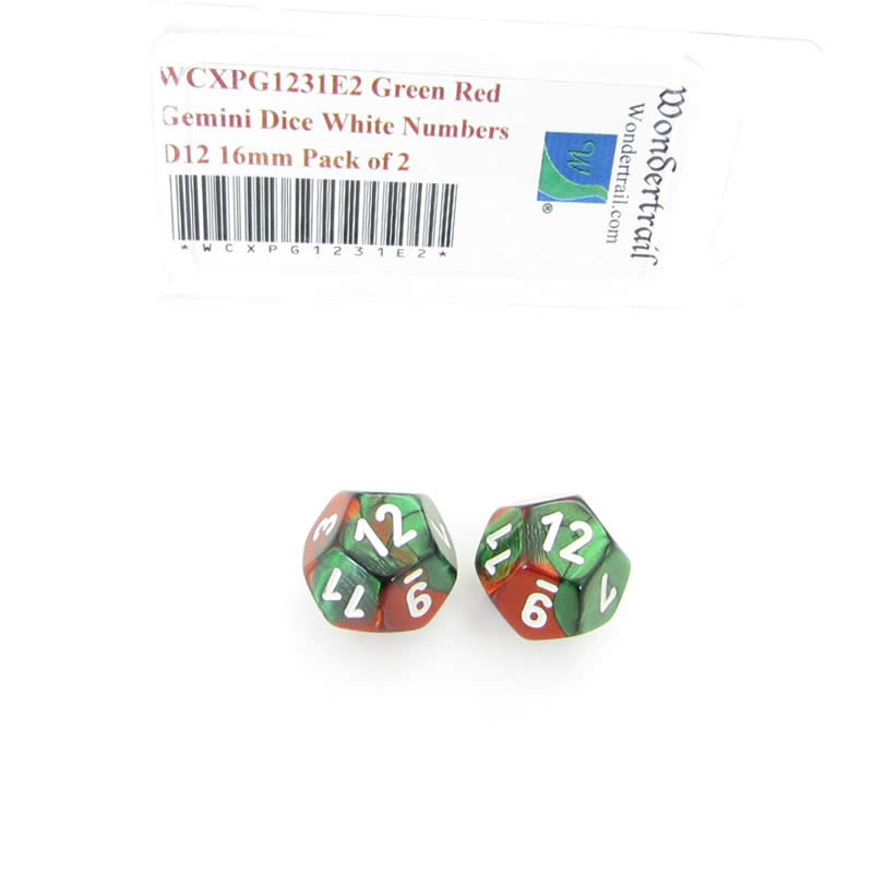 WCXPG1231E2 Green Red Gemini Dice White Numbers D12 16mm Pack of 2 (ONLINE ORDER ONLY)