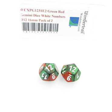WCXPG1231E2 Green Red Gemini Dice White Numbers D12 16mm Pack of 2 (ONLINE ORDER ONLY)
