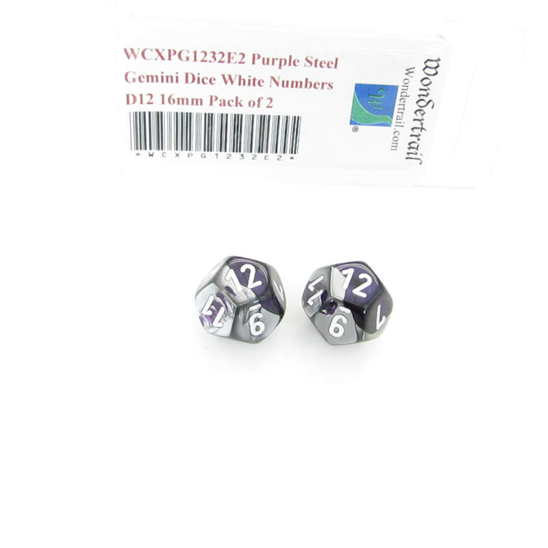 WCXPG1232E2 Purple Steel Gemini Dice White Numbers D12 16mm Pack of 2 (ONLINE ORDER ONLY)