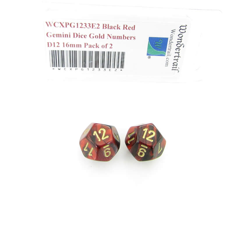 WCXPG1233E2 Black Red Gemini Dice Gold Numbers D12 16mm Pack of 2 (ONLINE ORDER ONLY)