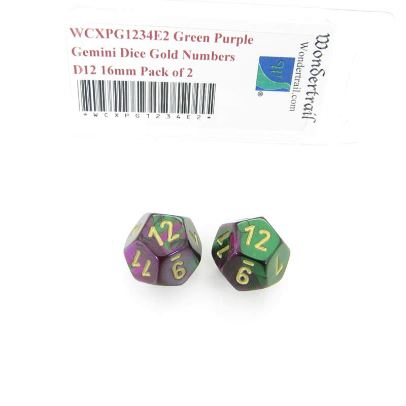 WCXPG1234E2 Green Purple Gemini Dice Gold Numbers D12 16mm Pack of 2 (ONLINE ORDER ONLY)