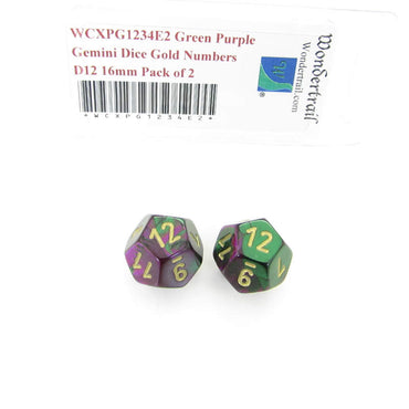 WCXPG1234E2 Green Purple Gemini Dice Gold Numbers D12 16mm Pack of 2 (ONLINE ORDER ONLY)