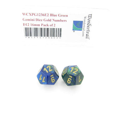 WCXPG1236E2 Blue Green Gemini Dice Gold Numbers D12 16mm Pack of 2 (ONLINE ORDER ONLY)