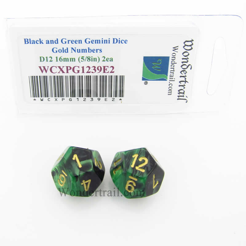 WCXPG1239E2 Black Green Gemini Dice Gold Colored Numbers D12 16mm Pack of 2 (ONLINE ORDER ONLY)