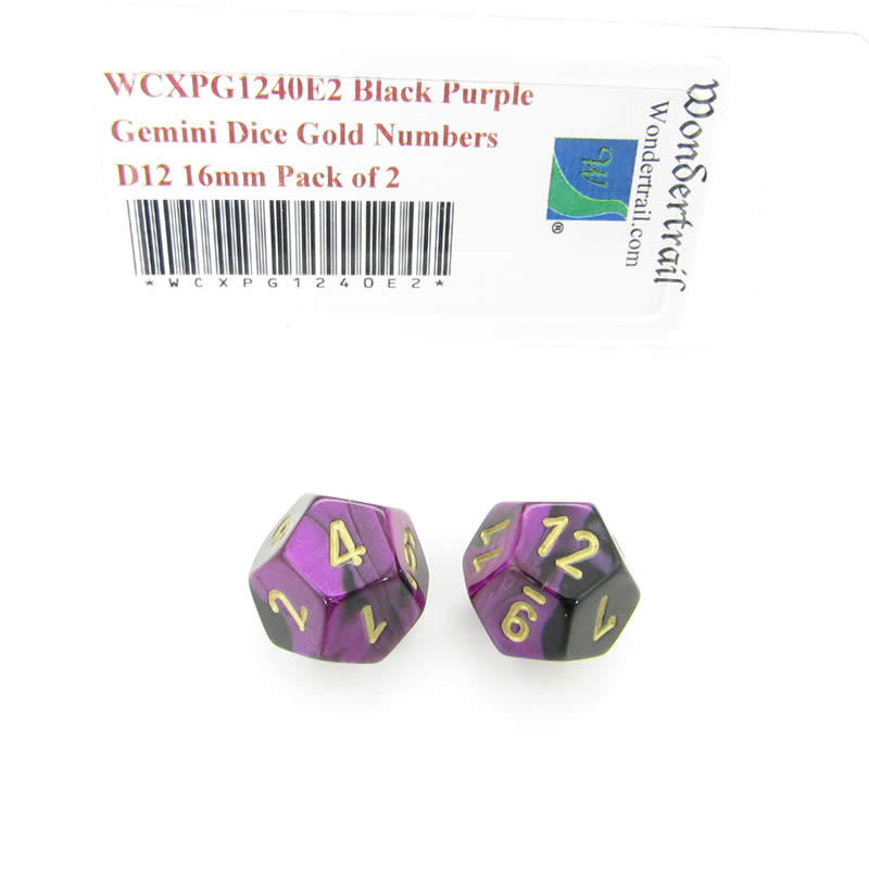 WCXPG1240E2 Black Purple Gemini Dice Gold Numbers D12 16mm Pack of 2 (ONLINE ORDER ONLY)