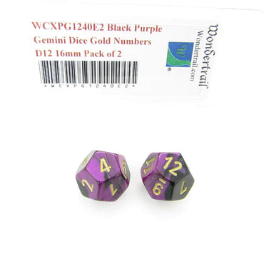 WCXPG1240E2 Black Purple Gemini Dice Gold Numbers D12 16mm Pack of 2 (ONLINE ORDER ONLY)
